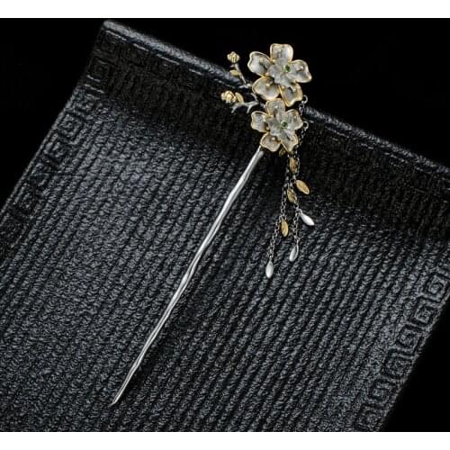 925 Sterling Silver Hair Sticks for Women Traditional Chinese Hair Accessories Green Zircon Tassel Flower Handmade Bridal Tiara