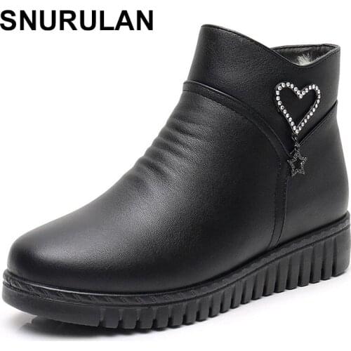 SNURULAN Winter leather soft-soled womens short boots flat-bottomed plus velvet warm mother snow boots non-slip elderly cotton