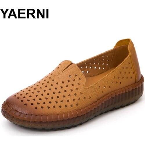 YAERNI New Arrival Women Flats Shoes Loafers Ladies Slip on Flats Summer Breathable Women Shoes Genuine Leather Driving Shdes