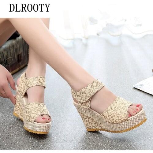 Women Sandals New Summer Fashion Lace Hollow Gladiator Wedges Shoes Woman Slides Peep Toe Hook & Loop Solid Lady Casual