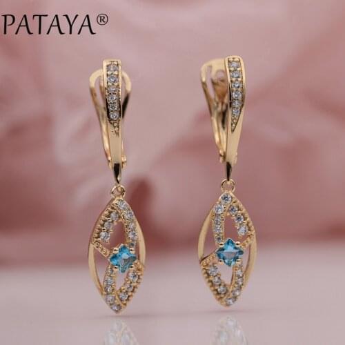 PATAYA New 585 Rose Gold Micro-wax Inlay Square Purple Blue Natural Zircon Long Dangle Earrings Women Wedding Party Fine Jewelry
