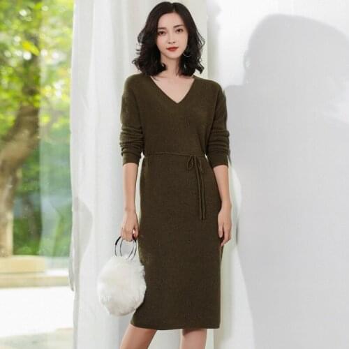Autumn Winter And V-Neck Knee-Length Sashes Dress Womens Loose Cashmere Vestido Casual Solid Long Sleeve Womens Sweater Dress