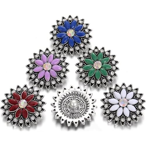 6pcs/lot New 18mm Rhinestone Flower Snap Buttons Fit Snap Button Bracelet Bangle Necklace Snaps Buttons Jewelry