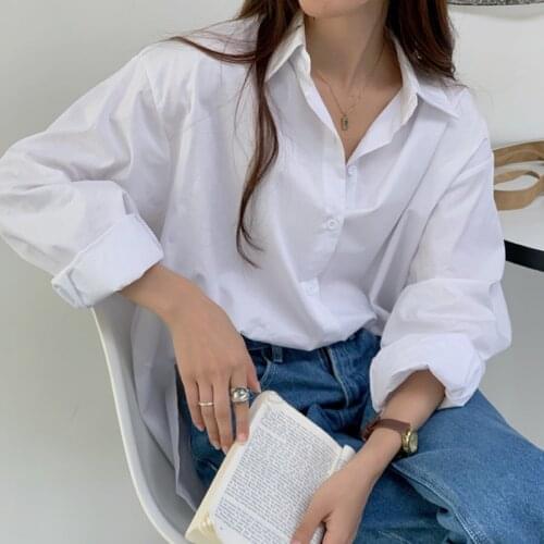 White Solid Shirts For Women 2021 Summer Fall Loose Single-breasted Female Blouses Casual Long Sleeve Polo Neck Blusas T026