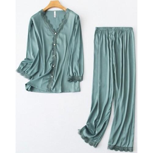 Home service spring and summer rayon sleeping ladies loose pajamas long sleeve trousers suit elegant пижамный комплект