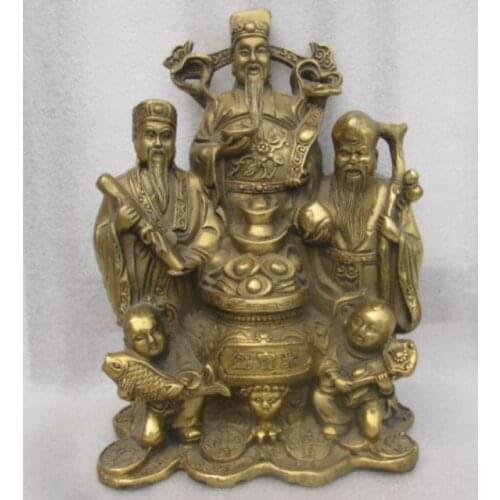 Exquisite ancient Chinese brass "Fu Lu Shou" god of wealth auspicious statue