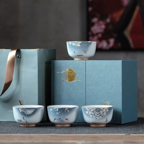Rui He Ceramic Cup 4 Cup Gift Box Kung Fu Tea Cup Tea Cup Fragrance-Smelling Cup Single Master Cup Bubble Tea Cup Ceremonial Cup