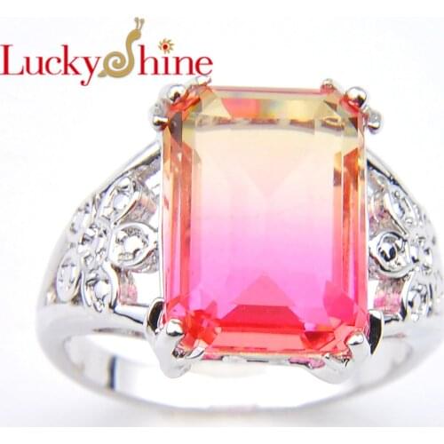 Luckyshine For Women Square Crystal Zircon Silver Plated Rings Jewelry Fashion Simple colorful Bi colored Tourmaline Rings