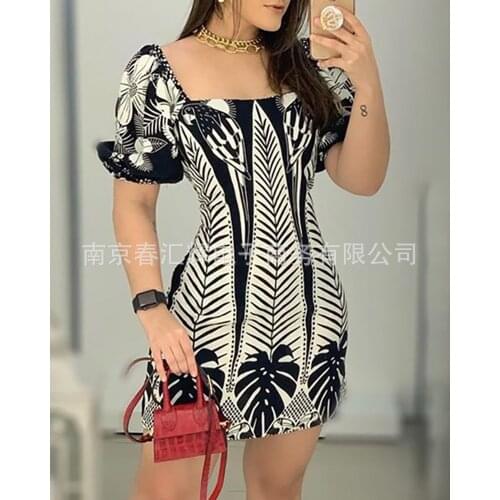 Contrasting plant print short-sleeved waist dress
