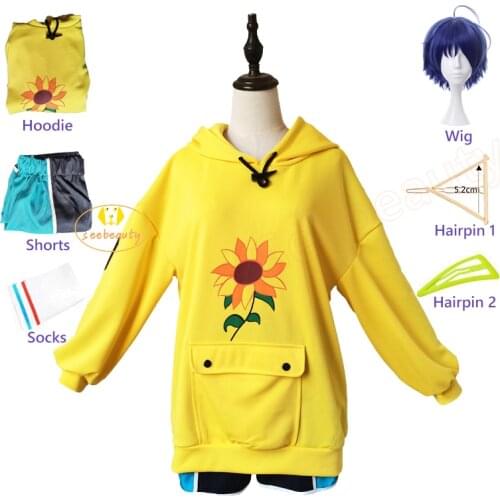 6 PCS Ai Ohto Cosplay Costume Wonder Egg Priority Yellow Hoodies Shorts Dark Blue Short Wig Triangular Hair Clip Women Hoodies