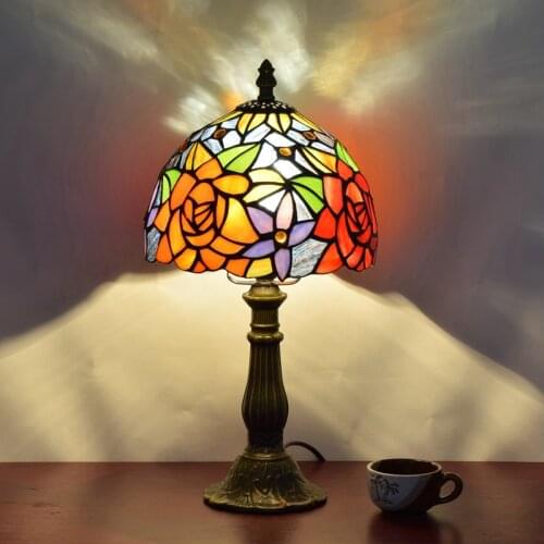 American Creative Tiffany Color Glass Roses Cool Decorative Bedroom Bedside Table Lamp Wine Bar 20cm Lamp