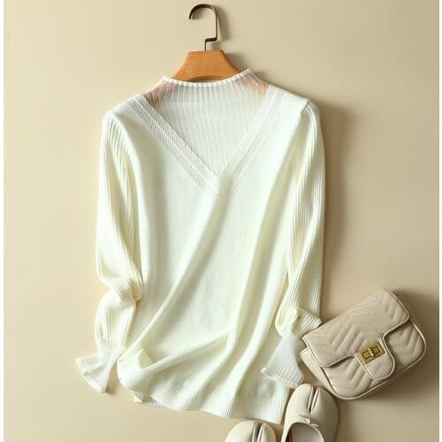 Lace Patchwork Knitted Women Sweater Pullovers Summer New Design 2021 O-Neck Slim Elegant Office lady Elegant Pulls Tops Tees