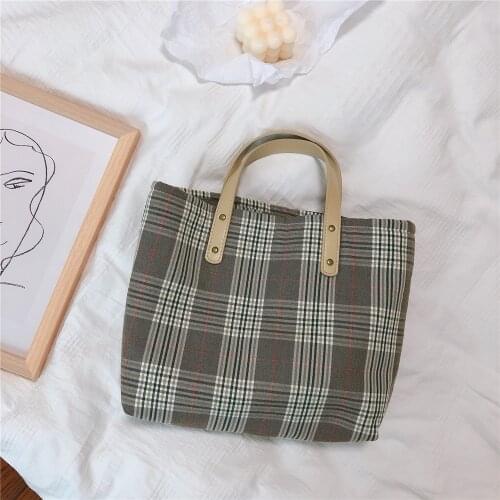 Retro Reusable Plaid Handbag Women Thickened Zipper Small Simple Eco Shopping Traval Bag For Lady Canvas Bags Bolsa Tote