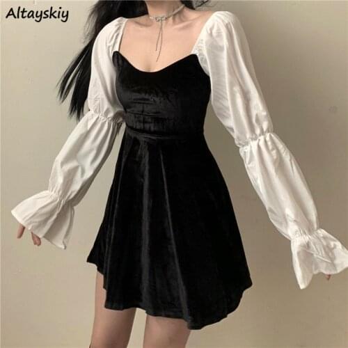 Dress Women Patchwork Sexy Retro Feminine Square Collar Fashion Streetwear Simple Comfortable Chic All-match Leisure Ulzzang Ins