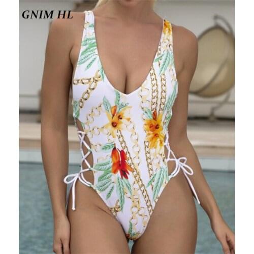 GNIM Sexy Print Swimsuit Women One Piece Bandage Backless Swimwear Women Push Up Summer Hollow Out Swim Bathing Suit Biquini New