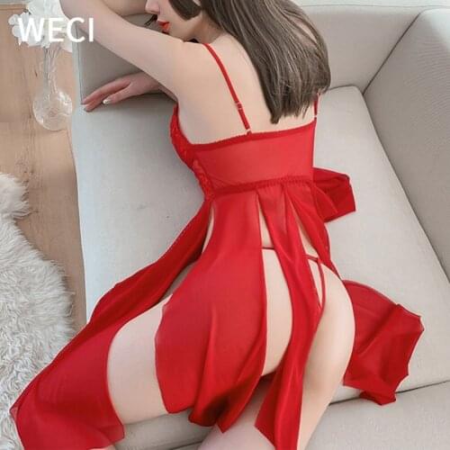 WECI Women Sexy Short Mini Nightdress Erotic Hot Lingerie See Through Slit Sling Nightgown Temptation Negligee For Sex Underwear