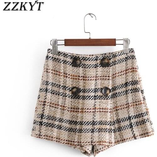 2021 Women Vintage Autumn With Double Buttons Plaid Tweed Shorts Skirts Fashion Spring High Waist Office Ladies Female Skort