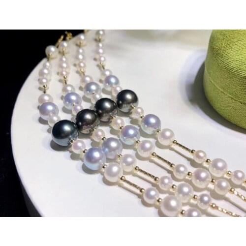 D422 Pearl Bracelet Fine Jewelry Solid 18K Gold 4-10mm Natural Fresh Water White and Black Pearls Bracelets