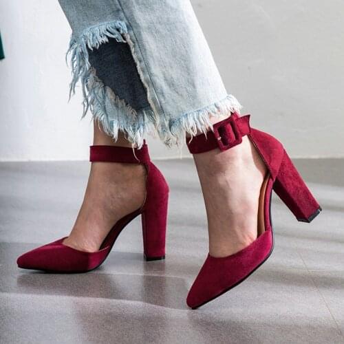2020 Women Pumps Fashion Women Shoes Party Wedding Super Square High Heel Pointed Toe Red Wine Ladies Pumps Size 34-43