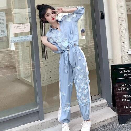 Womens Suit Fashion Suit Three-dimensional Butterfly Irregular Imitated Tencel Shirt Butterfly Imitated Tencel Pants 2 Piece Set