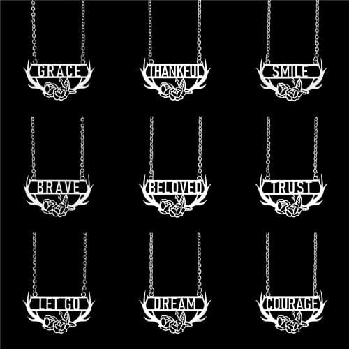 Women Stainless Steel Pendant Necklace Flower Antlers Pattern Letter Pendant Initial Necklace Jewelry GRACE SMILE BRAVE FAITH