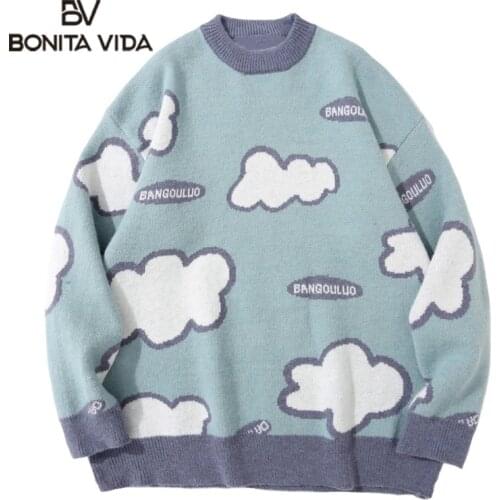 Bonita Vida Sweaters Harajuku Knitted Cloud Pullover Streetwear Jumpers Hip Hop Casual Knitwear Mens Loose Tops Outerwear