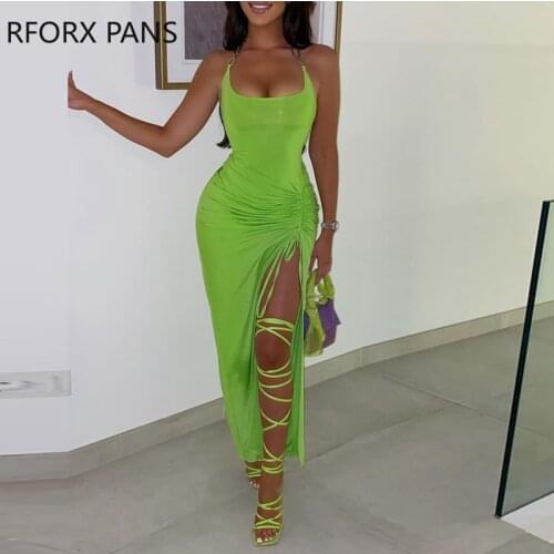 Women Solid Skinny Chain Halter Ruched High Silt Party Sexy Dress