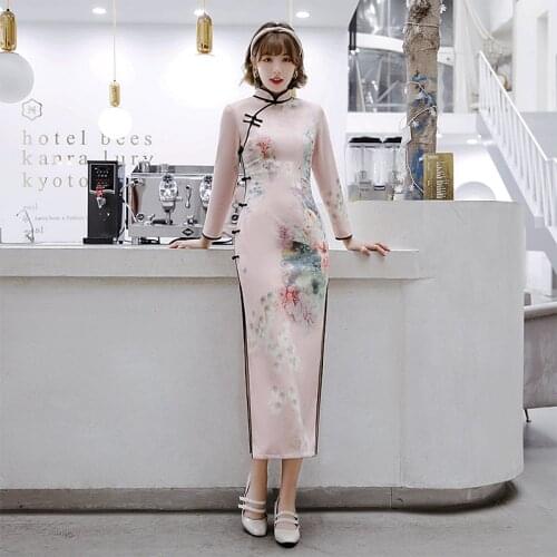 Women Sweet Flower Print Suede Cheongsam Spring Full Sleeve Elegant Mandarin Collar Qipao Exquisite Big Size Chinese Dress M-4XL
