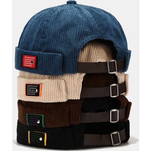 2021 Brimless Cap Corduroy Docker Beanie Hat Rolled Cuff Retro Skullcap for Men Women