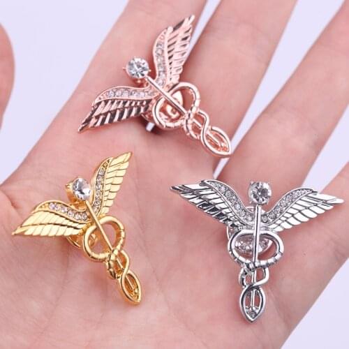 3 Colors Caduceus Large Brooches 3.2CM Brooch Badges Lapel Pin Men Rod Of Asclepius Emergency Crystal Brooch For Medical Staff