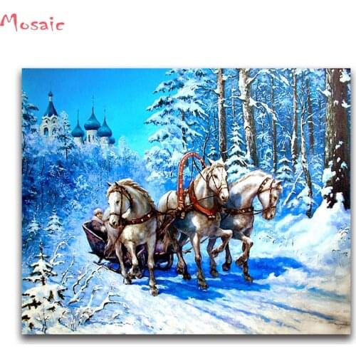 Full square diamond embroidery winter 5D diy diamond painting cross stitch crystal three horse in snow landscape Diamond mosaic