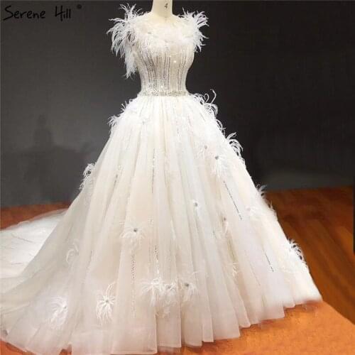 White Sleeveless Feathers Crystal O-Neck Wedding Dresses 2020 Sleeveless Luxury High-end Bride Gowns HA2286 Custom Made