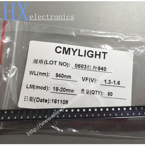 Free shipping 50PCS 0603 1608 1.6*0.8*0.6mm 940nm SMD infrared lamp IR LED 1.3-1.5V 18-20mW Light beads WHOLESALE