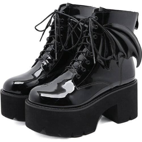Black Gothic Punk Wings High-Heeled Short Boots Autumn and Winter Ladies Boots Patent Leather Thick-Soled Motorcycle Boots