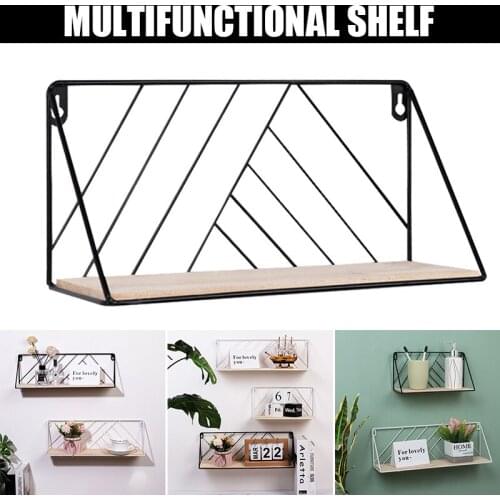 Home Wall Mounted Wood Iron Shelf Multifunction Simple Wall Clutter Sorting Storage Rack Wall Decor For Living Room Kitchen