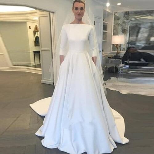 Elegant A-line Satin Wedding Dresses Three Quarter Length Sleeves Zipper With Button Back Simple Cheap Vestido De Noiva