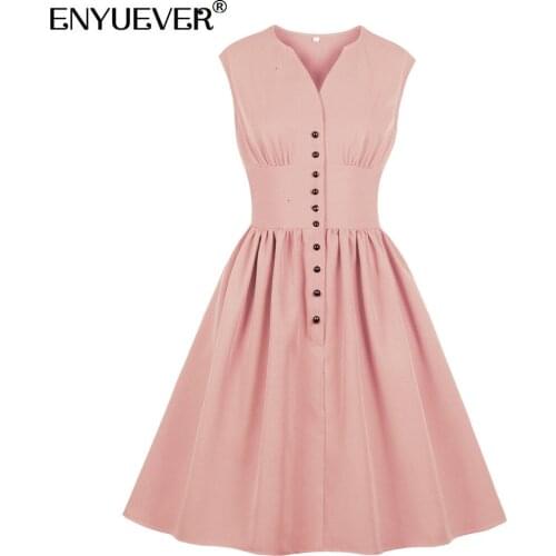 Enyuever Pink Vintage Dresses 50s 60s Retro Womens Clothing Sleeveless Button High Waist V Neck Robe Pin Up Swing Casual Dress