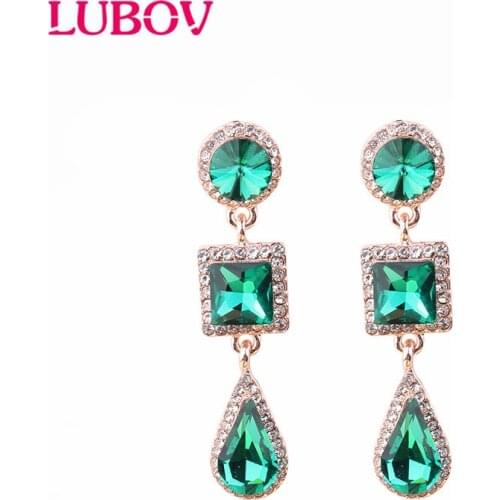 LUBOV Long Earrings White Blue Three Square CZ Stone Crystal Dangle Drop Earrings for Women Fashion Pendientes Jewelry Christmas
