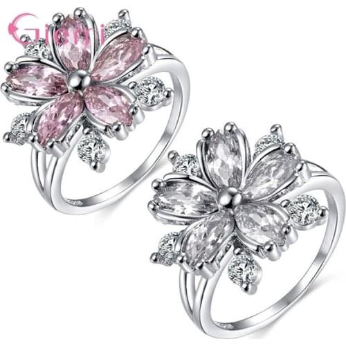 Cute Female Pink White CZ Stone Charm Wedding Rings For Women Dainty Bride Cherry Flower Cubic Zircon Engagement Ring