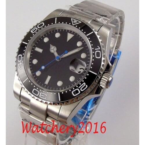 40mm Bliger Black Dial Luminous see-through back Ceramic Bezel Sapphire Glass NH35 Date Automatic Mens Watch