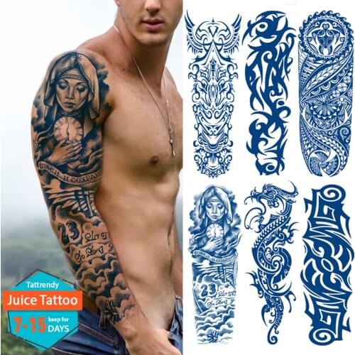 Non-toxic Safety Waterproof Temporary Sleeve Tattoo Lasting Juice Tattoo Fake DIY Blue Body Art Tattoo Sticker Large Full Arm
