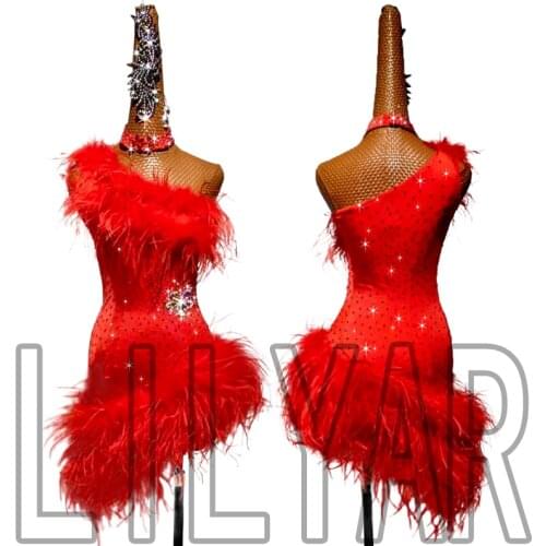 New Latin dance skirt competition skirt performance Skirt Adult custom red feather slant shoulder sexy dance skirt