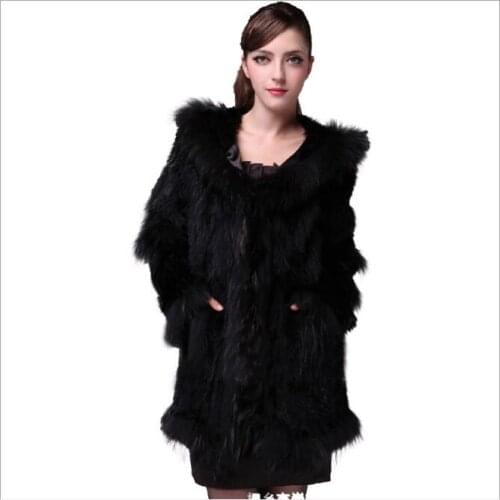 2021 New Style Knitted Rabbit Fur Jacket Fashion Fur Coats Women Winter Fur Overcoat hood racccoon fur collar