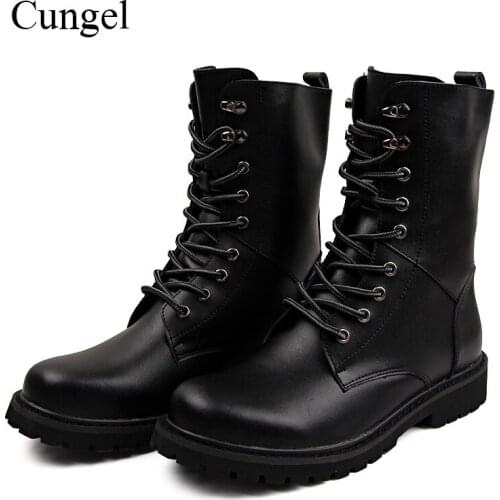 Cungel Autumn/Winter Leather Boots for men Riding boots Outdoor Hiking boots Plus velvet Warm boots Anti-skid Army Combat boots