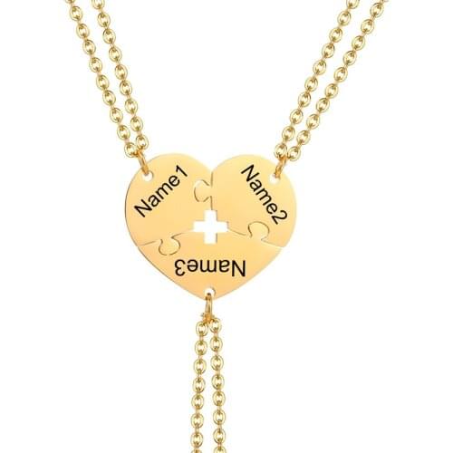 Custom Name Heart Puzzle Necklace Personalized Engrave Friendship Family 3 Pieces Set Jewelry Free Engrave
