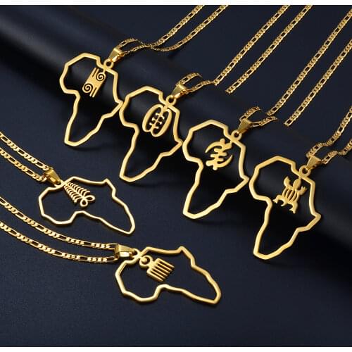 Anniyo African Map & Cultural Symbol Pendant Necklaces Women Men Gold Color Adinkra Gye Nyame Africa Ethnic Jewelry #129721