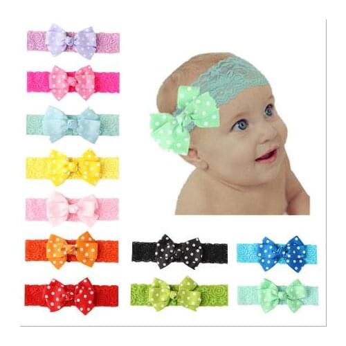 2016 New 20pcs/lot Elastic Newborn Baby Girls Dots Bowknot Headband Lace Bows Hair Band Children Baby Turban Top bandeau bebe