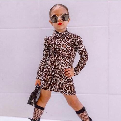 Little Girls Long Sleeve Straight Slim Dress Fashion Leopard Turtleneck Dress for Spring Autumn, 6Months-5Years