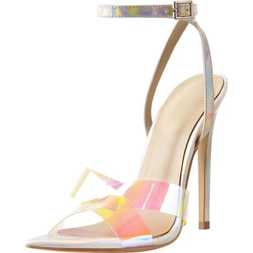 Richealnana Summer Pointed Toe Stiletto High Heel Sandals Multicolor Ankle Buckle Cross-Tied PVC Shoes Casual Fashion