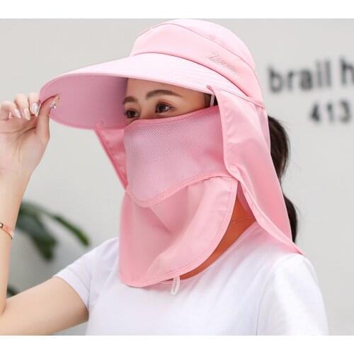 Summer Full Face Sunscreen Mask Sun Hat Baseball Cap Big Brim Shawl Farming Hat Letter Embroidery Solid Color Motorcycle Hat